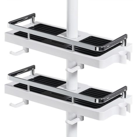 No-drill shower shelf for shower rail with shower head support, bathroom storage shelf for shampoo and soap and 2 hooks for 21-25 mm shower rails (1/5)