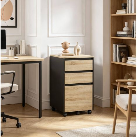 Mueble de almacenaje móvil con ruedas, 40 x 70 x 40 cm, negro y madera clara HAVRYA (1/4)