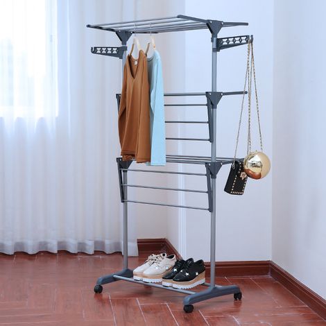Étendoir à linge à 3 niveaux, multifonction, Rail pliant, cintre pour sèche-linge, pour intérieur et extérieur, gris