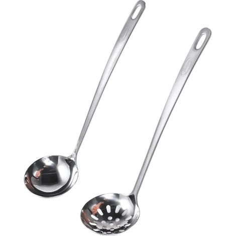 Juego de cuchara espumadera y cucharón, cucharón para sopa/cucharón con gancho de acero inoxidable 304, mango largo engrosado [no se dobla] para servir y recoger salsas y caldos, 28 cm (largo) x 7,3 c