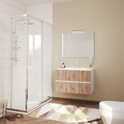 Schwebendes Badezimmermöbel 80Cm Weiss Und Eiche Kanalisiert, Spiegel 80X60  Salina