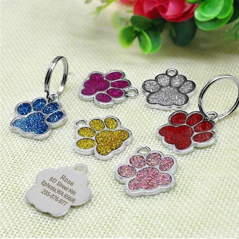 Médailles d'identification pour animaux de compagnie, médailles personnalisées pour chiens et chats, gravure personnalisée, facile à lire, jolie médaille à paillettes en forme de patte (rose, lot de 7 (1/3)