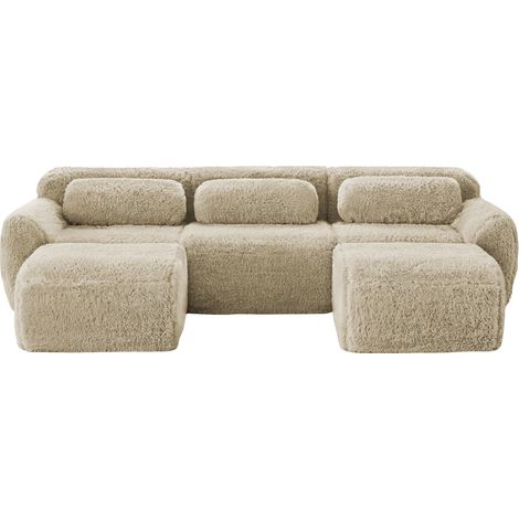 Divano modulare a U in tessuto effetto velluto, senza montaggio, beige chiaro (1/5)