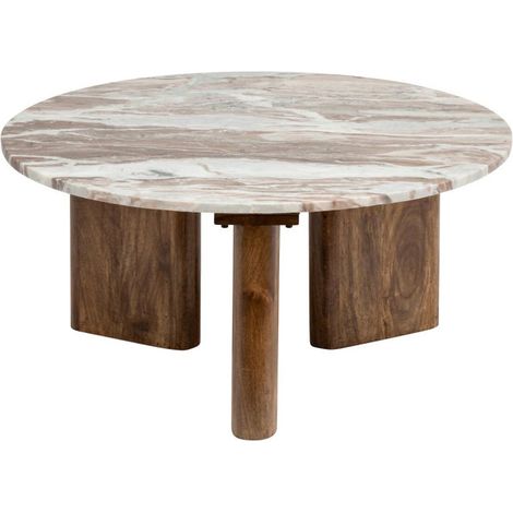 Atmosphera – Table basse ronde en marbre et bois manguier 91,5cm beige – Design élégant – À monter soi-même – Poids 49,9kg (1/4)