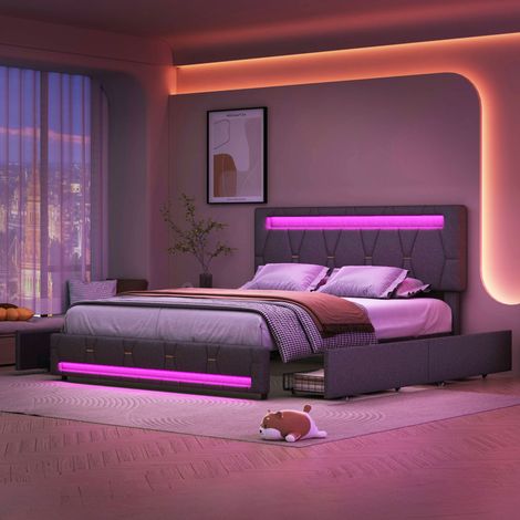 Lit double capitonné 160 x 200cm Eclairage LED et 4 tiroirs - Lit 2 personnes - avec tête de lit réglable - lit adulte en lin - Gris (1/5)