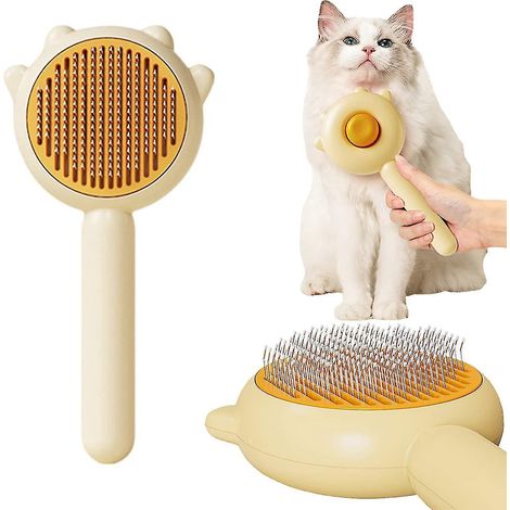 Magischer Tierkamm, Tierhaarreinigungsbürste (neu für 2023), selbstreinigende Katzenpflegebürste, Glättungskamm, Massagebürsten für lang- und kurzhaarige Haustiere – Gelb