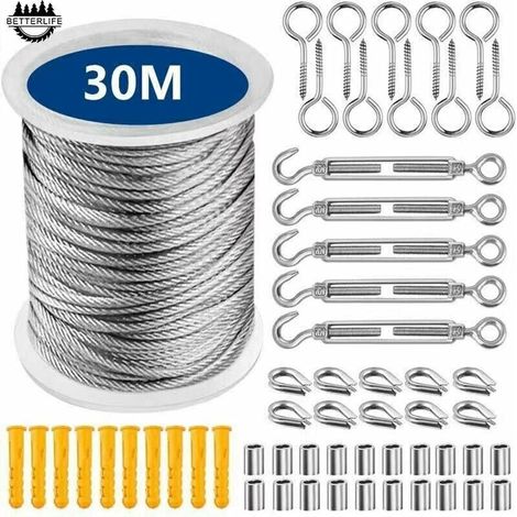 Cavo in acciaio inossidabile, corda sospesa in acciaio inossidabile, stendibiancheria da esterno, stendibiancheria in acciaio da esterno, cavo metallico da esterno, stendibiancheria (30 m)