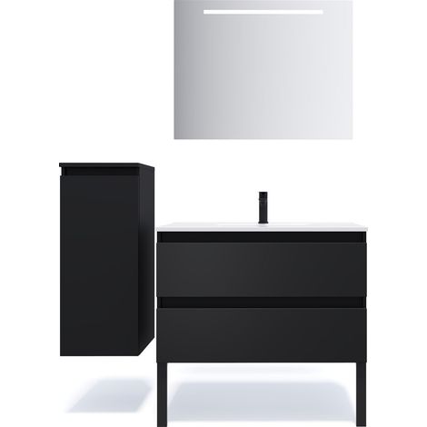 Meuble de salle de bain suspendu vasque intégrée 90cm 2 tiroirs Noir + miroir + colonne ouverture gauche - Hudson (1/5)
