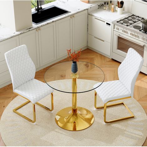 Table ronde en verre 85 cm avec 2 chaises blanches et dorées, ensemble salle à manger REDOM (1/5)