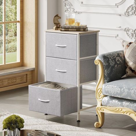 Commode à 3 tiroirs en tissu, idéale pour la chambre ou le salon, avec une structure robuste en acier et un plateau en bois, gris clair. (1/5)