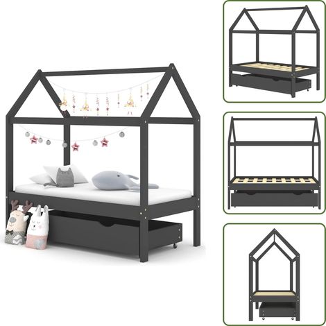 The Living Store Cadre de lit d'enfant avec un tiroir Gris foncé Pin 70x140 cm - Lit Bébé - Lit Enfant - Cadre De Lit - Mobilier Pour Enfants - Meuble Enfant (1/5)