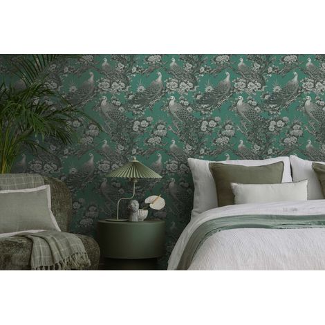 Papier peint oiseaux, paon, vert émeraude, baroque, salon, salle à manger, chambre, 399822 (1/4)
