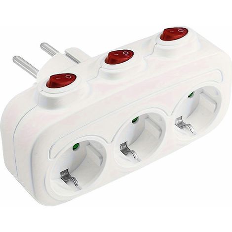 Prise de courant à 3 prises de style allemand avec arrêt individuel - Prise d'extension robuste 250 V, prise de courant PC blanche 16 A compatible pour micro-ondes, lavage (1/5)