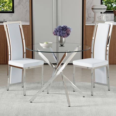 Esstisch- und Stuhl-Set aus Glas, Metall und PU-Leder in Transparent/Weiß/Silber, Ø88x75 cm, 1 Tisch + 2 Stühle, MIVRAY