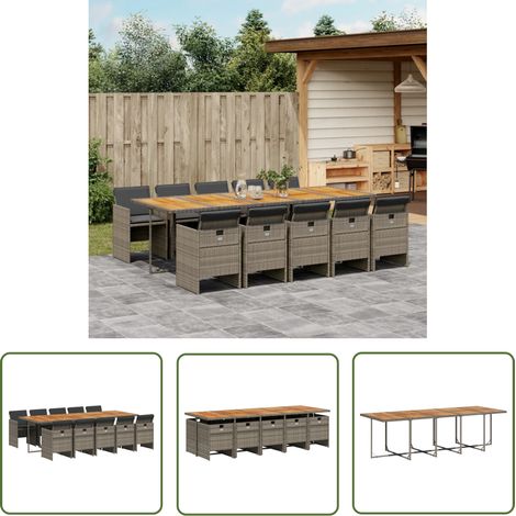 The Living Store 11-tlg. Garten-Essgruppe mit Kissen Grau Poly Rattan - Gartentisch - Gartenmöbel - Essgruppe - Gartenset - Outdoor Möbel (1/5)