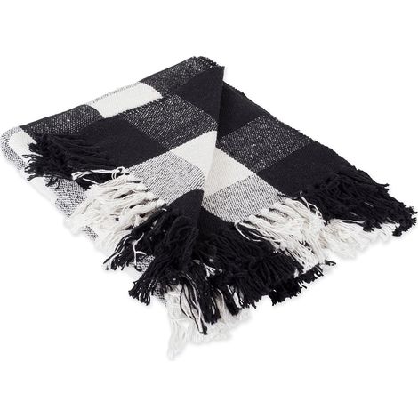 Plaid 100% Coton Buffalo Check pour intérieur/extérieur, Camping, Barbecue, Plage, Quotidien, 127 x 152 cm, Noir et Blanc (1/5)