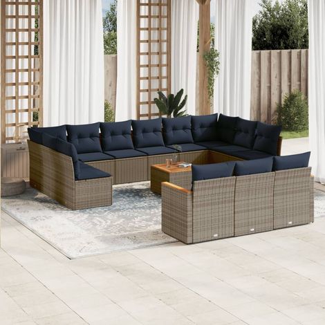 Salon de jardin modulable 14 pièces en résine tressée gris, coussins bleu marine - PANGIVO (1/5)