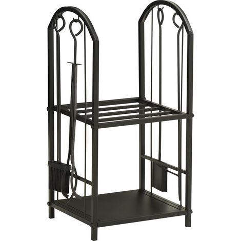 PORTALEGNA A 2 RIPIANI IN METALLO CON PALETTA. SCOPA. ATTIZZATOIO E PINZA. 41.5X32.5X74.5 CM. NERO (1/5)