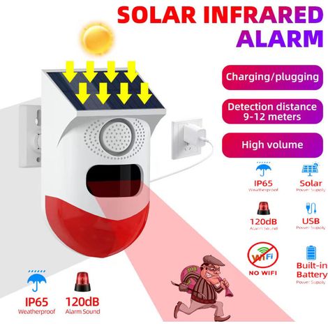 Alarme sonore et lumineuse infrarouge à induction du corps humain solaire Lumière stroboscopique d'alarme 120dB, adaptée à la maison, à la ferme, à la grange, à la villa, au jardin