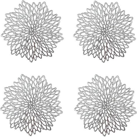 (Argent) Lot de 4 sets de table argentés, ronds et ajourés, en plastique, pour isoler les assiettes et décorer la table. (1/5)