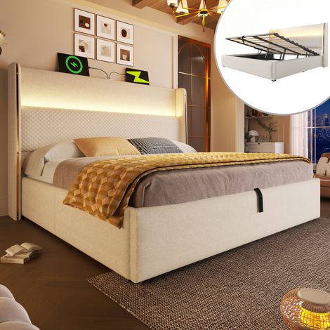 Lit coffre 140x200 LED USB Type-C lin beige OKMYHOME (1/5)