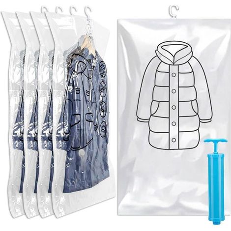 5 pièces sacs sous vide vêtements, compression suspendue 70 x 110 cm, crochet rotatif 360°, rangement anti-plis pour manteaux et costumes (1/5)