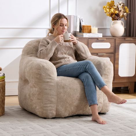 Sillón puf con reposabrazos, relleno de espuma triturada, beige OKMYHOME (1/5)