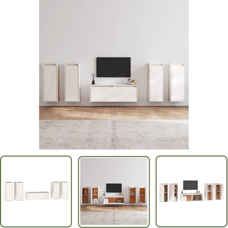 The Living Store Meubles TV 5 pcs Blanc Bois massif de pin - Meuble Tv - Meuble Suspendu - Rangement Mural - Bibliothèque Murale - Décoration Murale (1/5)