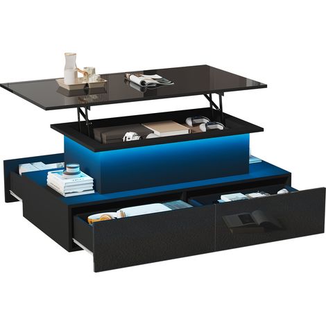 ELVMI Couchtisch mit 4 Schubladen und LED, ausziehbarer Platte, für Wohnzimmer, aus Spanplatte, 90 × 55 × 41 cm, Schwarz (1/5)