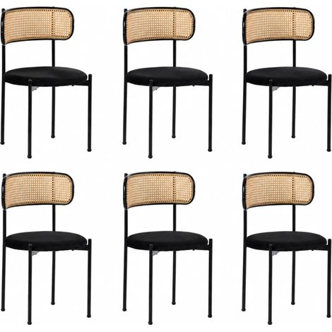Lot de 6 chaises de salle à manger en velours noir, dossier tressé, piètement métal, assise ronde confortable, style moderne pour salon et chambre- FLORAGRACE (1/5)