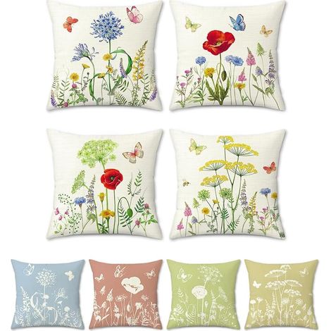 Set of 4 Garden Flowers Cushion Covers, 45 x 45 cm, Butterfly Polyester Linen Decorative Pillowcase for Sofa, Beds, Chairs, Living Room, Home, Outdoor Decor (1/5)
