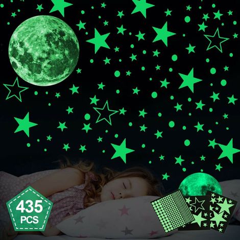 Light up self-adhesive 435 pieces starry sky self-adhesive luminous star wall decal, moon wall decor stickers, fluorescent luminous star dots for kids rooms , baby, kids or bedroom (1/5)
