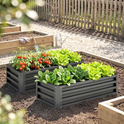 Ensemble de 2 bacs surélevés en métal, pour jardin ou balcon, 110 x 50 x 30 cm, gris foncé. (1/5)