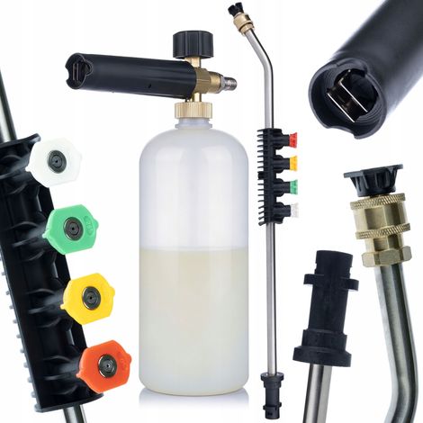 Lanza de 1/4 QC doblada a 15° + 5 boquillas + espumador de 1 L - Kit para hidrolimpiadoras  160 bar  Compatible con Karcher K2 K3 K4 K5 K6 K7  Regulación de espuma (1/5)