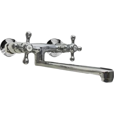 Bagnoclic – Robinet mural de cuisine rétro – Bec orientable 18 cm – Poignées en étoile – Finition métal vintage – Pour buanderie et lavabo