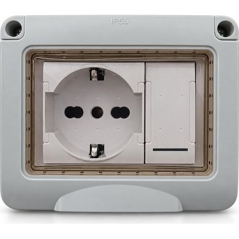 Caisse électrique d'extérieur IP55 incluse avec un interrupteur et une prise shuko, boîte murale, prise de courant électrique IP55 (boîte + 1 interrupteur + 1 prise shuko, blanc) (1/5)