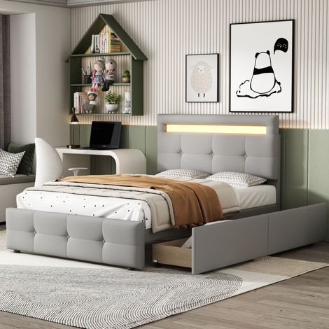 Lit capitonné 90x200 avec LED, 2 tiroirs, lin doux, lit simple plat enfant ado invité, gris, matelas non inclus, gain de place, pour chambre ado (1/5)