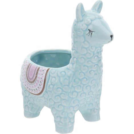 Pot de fleurs en céramique bleue pour plantes succulentes, compatible avec le rangement, 1 pièce, motif alpaga (1/5)