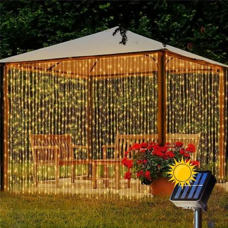 Rideau lumineux solaire 3 x 2 m 200 LED haute luminosité, 8 modes d'éclairage, économie d'énergie et étanche IP65 (1/5)