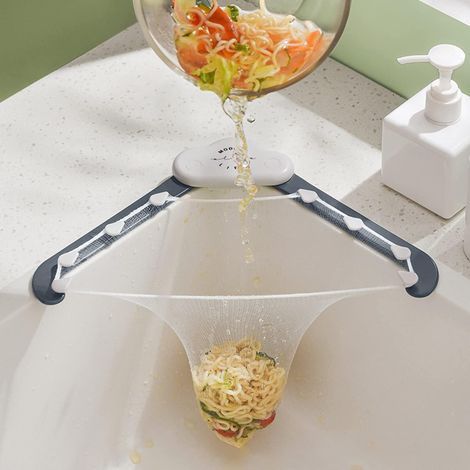 (gris) Passoire triangulaire pour évier de cuisine, support pliable, filtre pour restes de cuisine, avec un support triangulaire gris et 100 sacs en maille filtrants de grande taille (1/5)