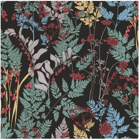 Flowers wallcovering wall Profhome 377511 non-woven wallpaper smooth with floral pattern matt black green yellow red 5.33 m2 (57 ft2) (1/5)