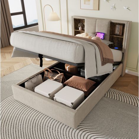 Letto con contenitore in lino naturale 90x200 cm con ricarica wireless, USB e rete a doghe inclusa (1/5)