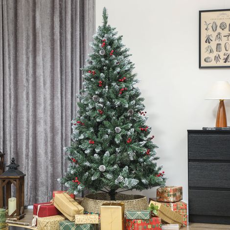 Sapin de Noël Vert 180 cm d'intérieur, 620 branches avec pommes de pin et baies rouges, pied en métal robuste inclus. (1/5)