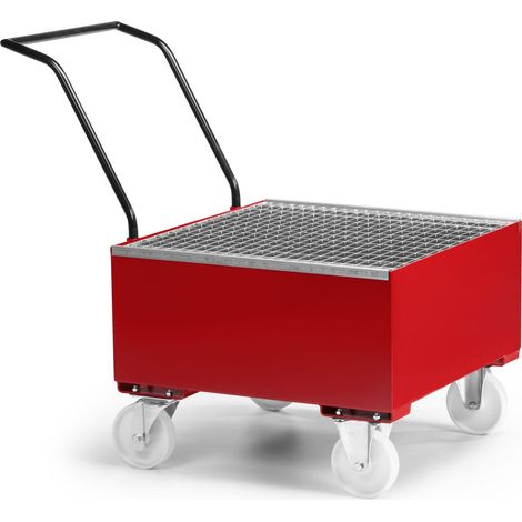 RR Industrietechnik Fahrbare Auffangwanne aus Stahl für 1x 200 Liter Fass mit Gitterrost RAL 3000 Feuerrot