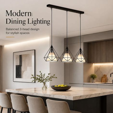 JOYINLED lineare 3-flammige Pendelleuchte mit schwarzen, geometrischen Käfig-Lampenschirmen, einem 50 cm langen Baldachin, und drei E27-Fassungen für Kücheninseln, Esszimmer, Bars und Cafés. (1/5)