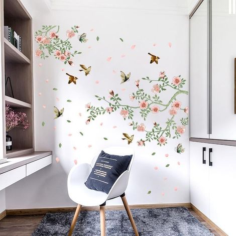 Stickers muraux et autocollants pour armoire, fond de télévision, motif fleurs et oiseaux. (1/5)