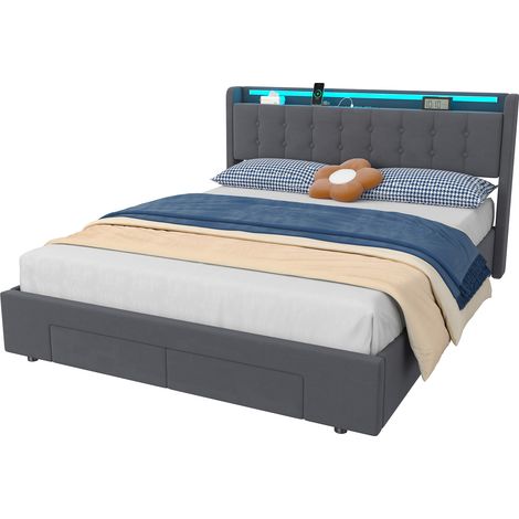 Lit 160x200 cm velours gris foncé avec rangement caché, 2 tiroirs, USB et lumière d'ambiance, capacité 200 kg – de CHICFURN (1/5)