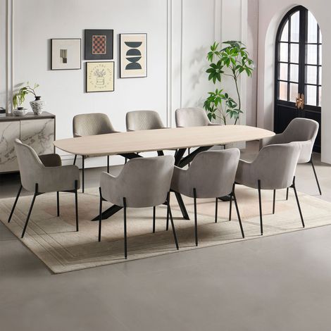 Ensemble table 240 cm effet travertin + 8 chaises velours côtelé gris (1/5)