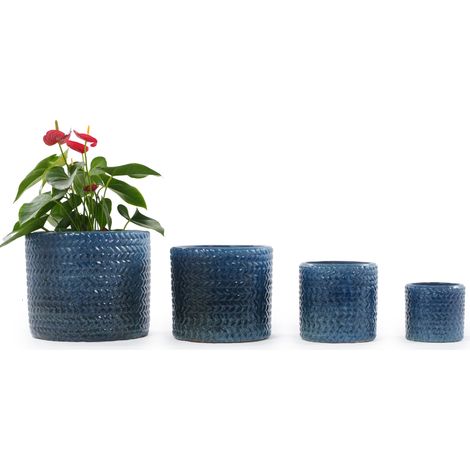 Petit pot individuel en céramique Ø17,5 cm, bleu foncé brillant avec motif à chevrons en relief sur tout le pourtour, respirant avec trou de drainage pour mini-succulentes et herbes aromatiques de bur (1/4)