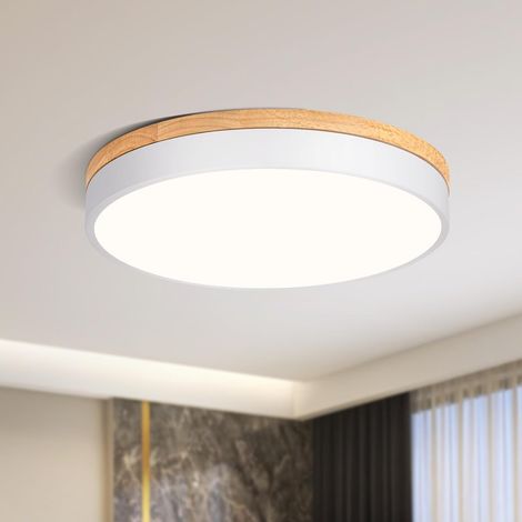 Plafonnier LED blanc moderne, plafonnier en bois de 40 cm, plafonnier rond 24 W pour salon, chambre, cuisine, couloir, salle à manger, lumière blanche [Classe énergétique F]